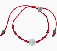 Pulseira vermelha 7 nós com medalha de São Bento em aço e pedras pirita nas pontas